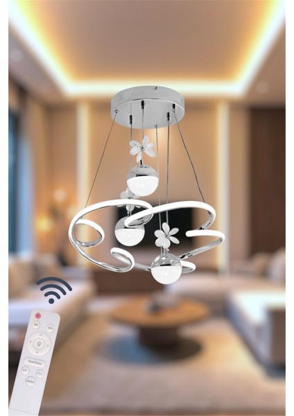Modern Krom 3'lü Toplu Cloud Model 3 Renk Kumandalı (Beyaz&sarı&günışığı) LED Avize