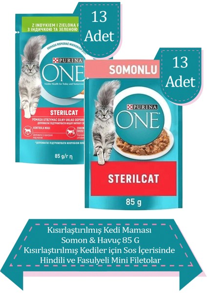 Purına One Sterilcat Yaş Kısırlaştırılmış Kedi Maması 26'lı Karma Paket (Somon 13X85G, Hindi 13X85G)