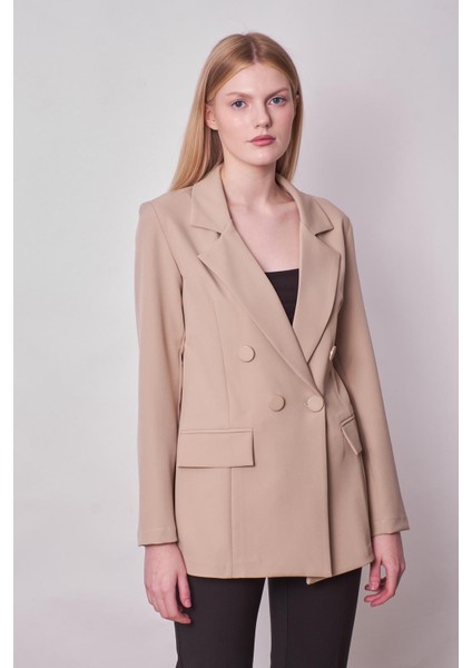 Kadın Düğme Detaylı Uzun Kol Şık Ofis Süs Cep Kapaklı Kumaş Blazer Ceket -Taş fiyatları