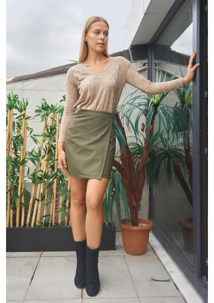 Kadın Yüksek Bel Kruvaze Model Hafif Likralı Şık Kumaş Ofis Kalem Etek-Haki