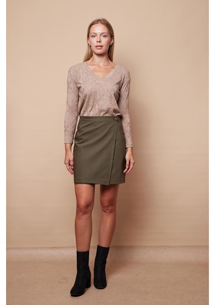 Kadın Yüksek Bel Kruvaze Model Hafif Likralı Şık Kumaş Ofis Kalem Etek-Haki fiyatları