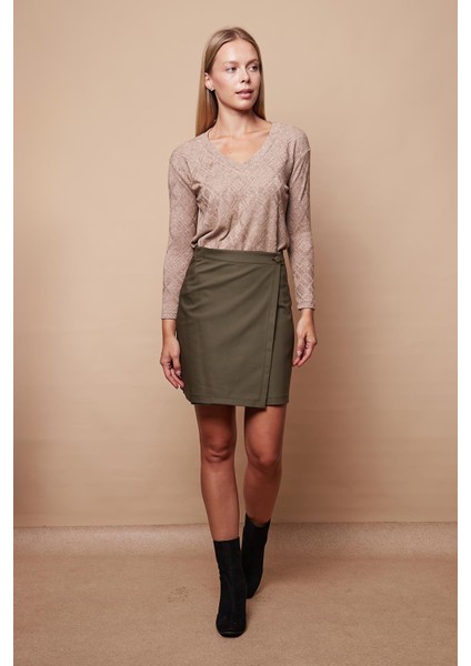 Kadın Yüksek Bel Kruvaze Model Hafif Likralı Şık Kumaş Ofis Kalem Etek-Haki modelleri