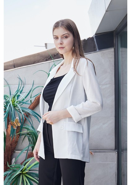 Yazlık Likrasız Keten Kumaş Yakalı Cep Kapaklı Oversize Blazer Ceket-Beyaz