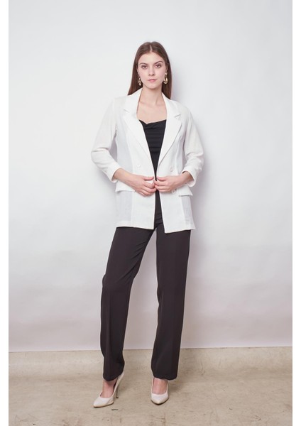 Yazlık Likrasız Keten Kumaş Yakalı Cep Kapaklı Oversize Blazer Ceket-Beyaz