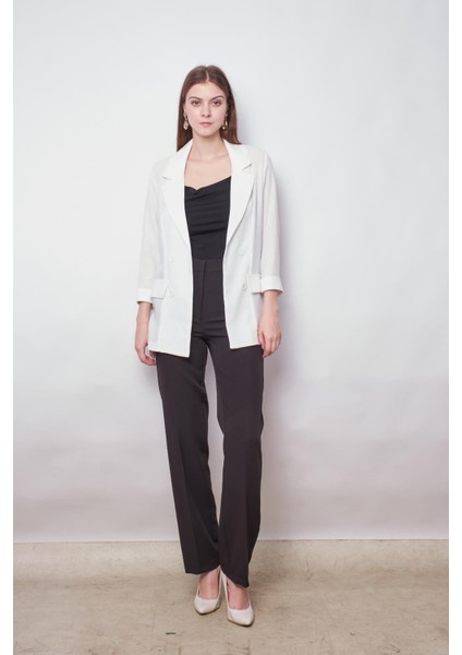 Yazlık Likrasız Keten Kumaş Yakalı Cep Kapaklı Oversize Blazer Ceket-Beyaz
