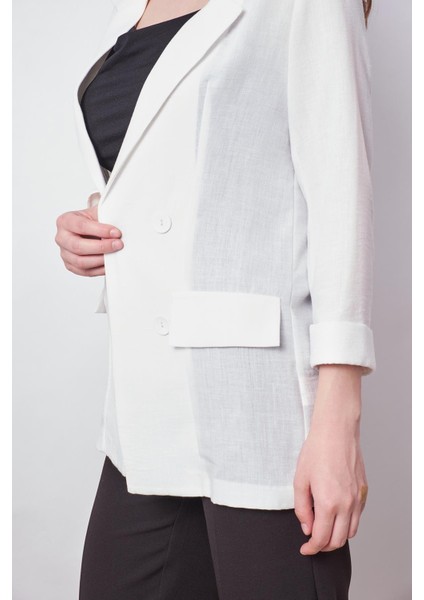 Yazlık Likrasız Keten Kumaş Yakalı Cep Kapaklı Oversize Blazer Ceket-Beyaz