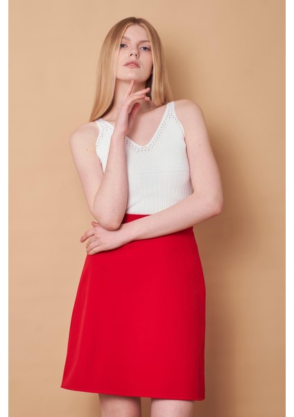 Yüksek Bel Hafif Likralı Kumaş Diz Boy Çan Etek-Kırmızı