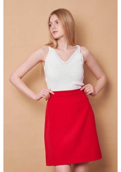 Yüksek Bel Hafif Likralı Kumaş Diz Boy Çan Etek-Kırmızı fiyatları