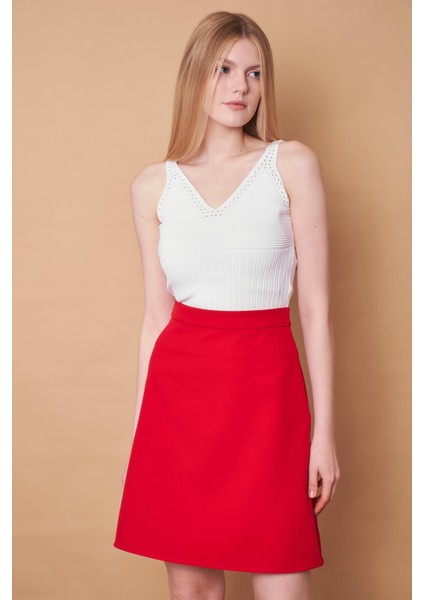 Yüksek Bel Hafif Likralı Kumaş Diz Boy Çan Etek-Kırmızı modelleri
