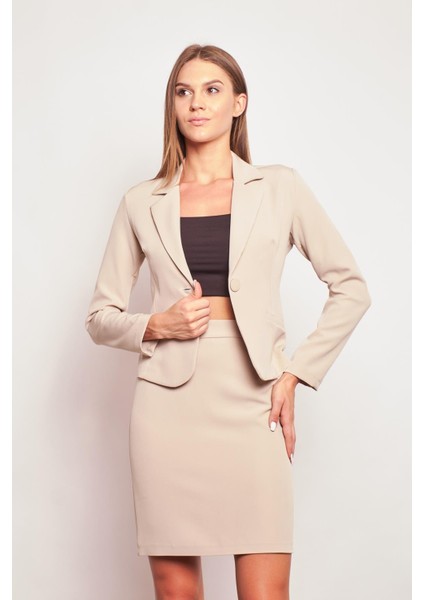 Yakalı Flato Cepli Uzun Kol Pamuklu Kumaş Hafif Likralı Kısa Blazer Ofis Ceket-Taş fiyatları