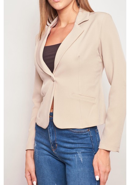 Yakalı Flato Cepli Uzun Kol Pamuklu Kumaş Hafif Likralı Kısa Blazer Ofis Ceket-Taş indirimleri