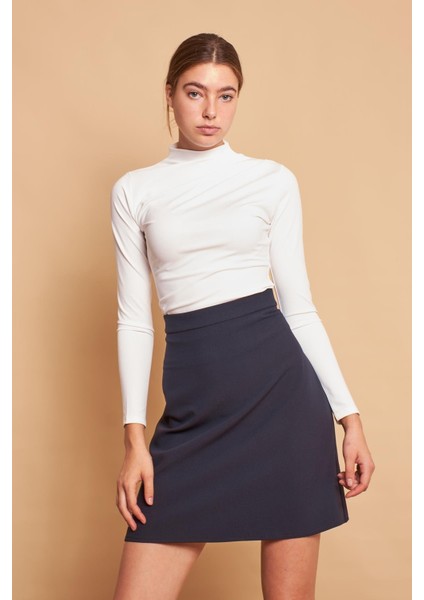 Yüksek Bel Hafif Likralı Kumaş Diz Boy Çan Etek-Lacivert modelleri