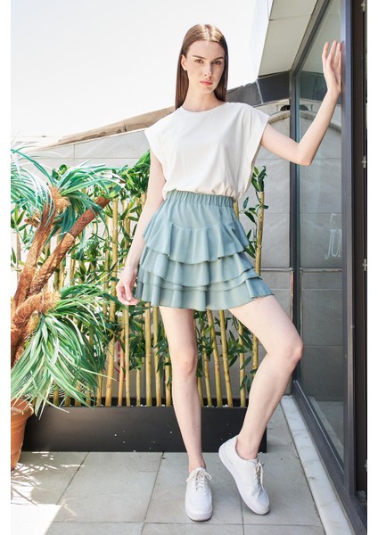 Yazlık Kumaş Fırfırlı Diz Üstü Mykonos Etek-Mint