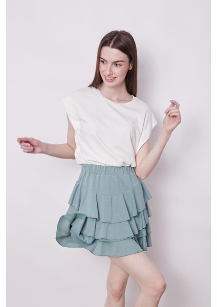 Yazlık Kumaş Fırfırlı Diz Üstü Mykonos Etek-Mint modelleri