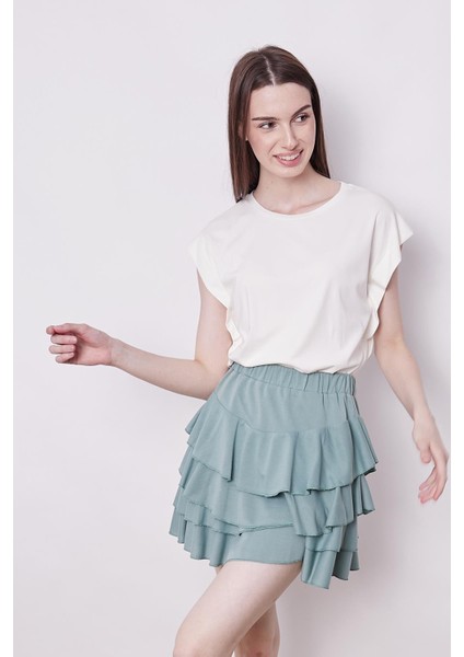 Yazlık Kumaş Fırfırlı Diz Üstü Mykonos Etek-Mint indirimleri