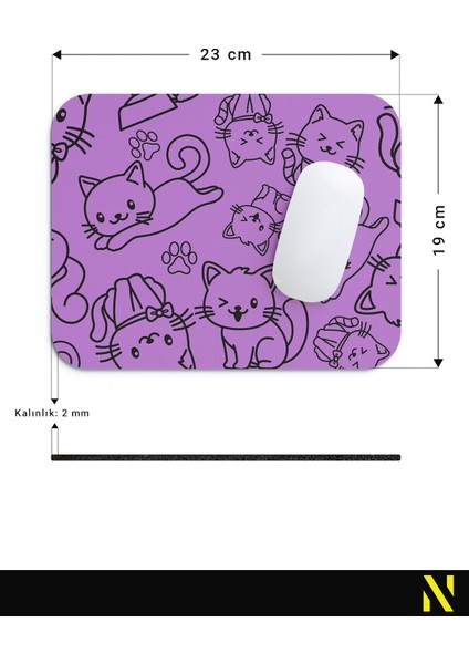 Sevimli Kediler Desenli Mor Renkli Ergonomik Mouse Pad - 23 cm x 19 cm - Kaydırmaz Taban Ev ve Ofis Kullanımı Fare Altlığı Mousepad