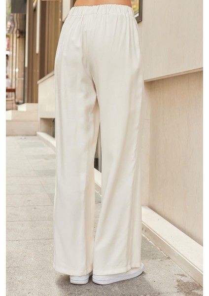 Kadın Ipeksi Dokulu Modal Yüksek Bel Yan Cepli Arkası Lastikli Bol Paça Salaş Palazzo Pantolon-Krem fiyatları
