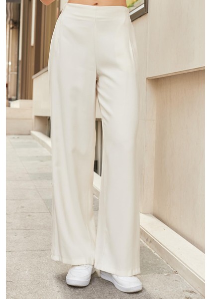 Kadın Ipeksi Dokulu Modal Yüksek Bel Yan Cepli Arkası Lastikli Bol Paça Salaş Palazzo Pantolon-Krem modelleri