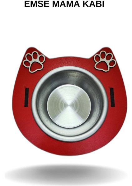 Şık Ahşap Çelik Kedi Köpek Mama ve Su Kabı Kırmızı
