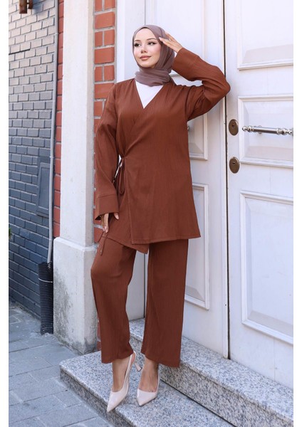 Bağlama Detaylı Kimono Takım Kahverengi