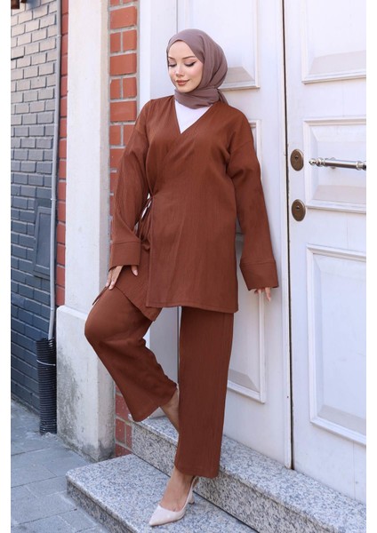 Bağlama Detaylı Kimono Takım Kahverengi modelleri