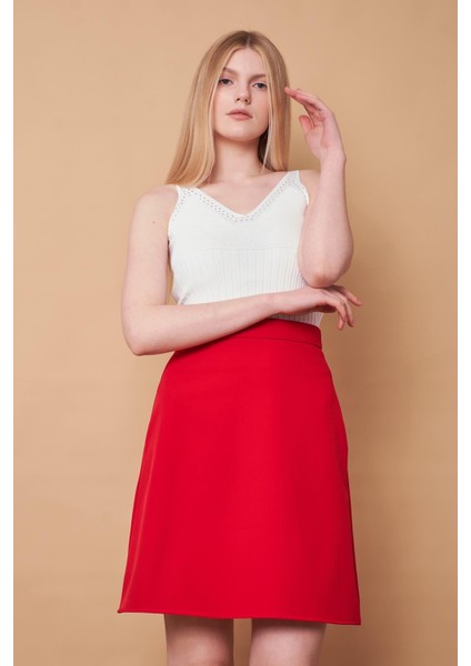 Yüksek Bel Hafif Likralı Kumaş Diz Boy Çan Etek-Kırmızı fırsatları