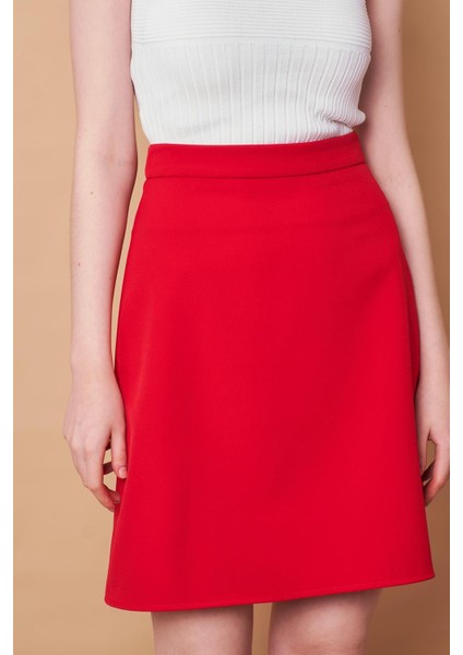 Yüksek Bel Hafif Likralı Kumaş Diz Boy Çan Etek-Kırmızı indirimleri