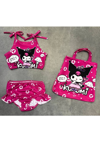 Kız Çocuk Pembe Kuromi Üç Parça Çantalı Mayo Bikini