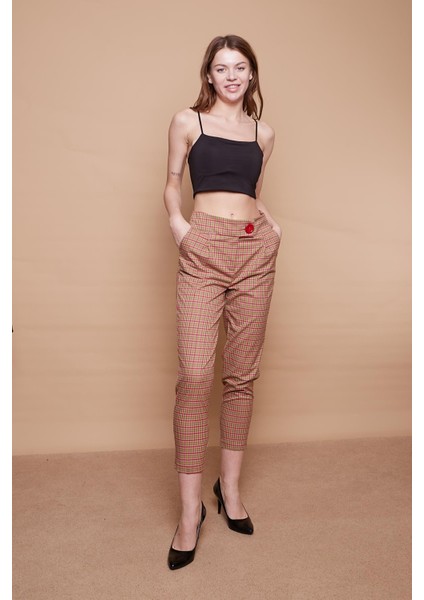 Ekoseli Yüksek Bel Kalın Kemerli Yan Cepli Pileli Havuç Paça Hafif Likralı Kumaş Pantolon-Yeşil Ekose fiyatları