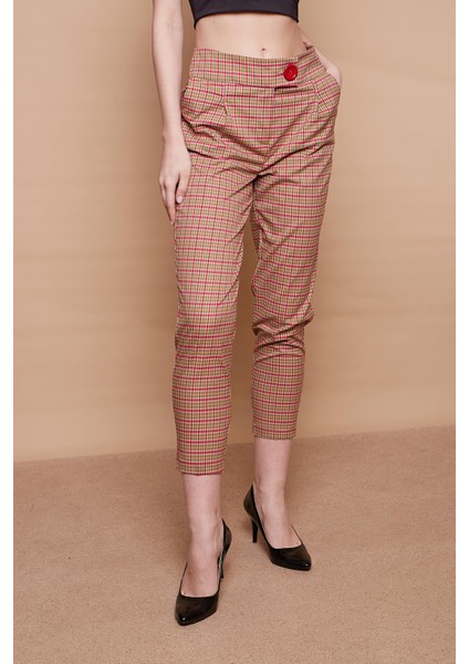 Ekoseli Yüksek Bel Kalın Kemerli Yan Cepli Pileli Havuç Paça Hafif Likralı Kumaş Pantolon-Yeşil Ekose modelleri