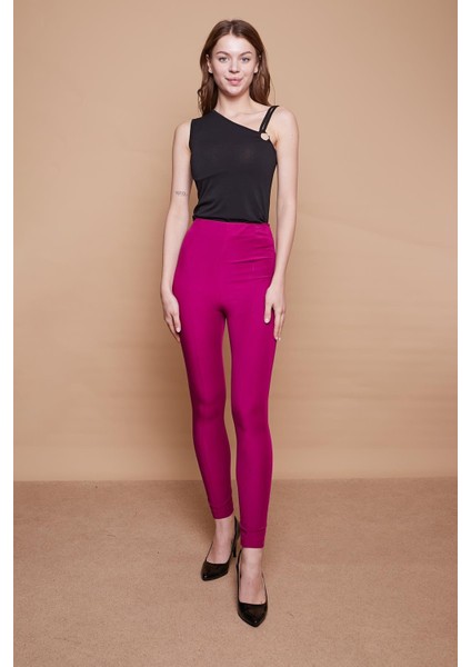 Likralı Kumaş Yüksek Bel Ön Arka Dikişli Dar Paça Tayt Pantolon-Magenta