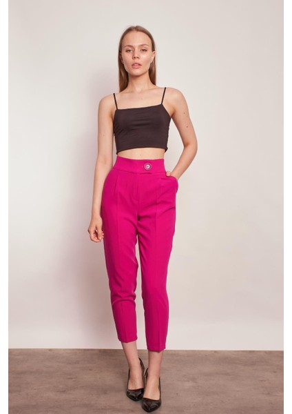 Yüksek Bel Kalın Kemerli Yan Cepli Pileli Havuç Paça Hafif Likralı Kumaş Pantolon-Açık Magenta