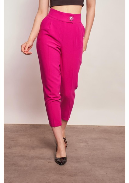 Yüksek Bel Kalın Kemerli Yan Cepli Pileli Havuç Paça Hafif Likralı Kumaş Pantolon-Açık Magenta fırsatları