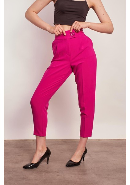 Yüksek Bel Kalın Kemerli Yan Cepli Pileli Havuç Paça Hafif Likralı Kumaş Pantolon-Açık Magenta indirimleri