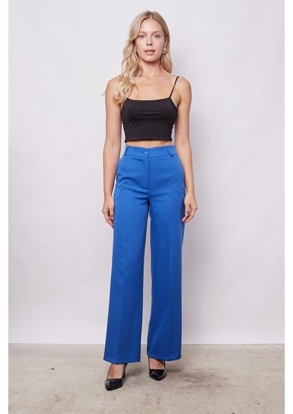 Yüksek Bel Yan Cepli Bol Paça Hafif Esnek Dokuma Kumaş Palazzo Pantolon-Saks