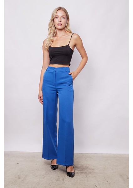 Yüksek Bel Yan Cepli Bol Paça Hafif Esnek Dokuma Kumaş Palazzo Pantolon-Saks fiyatları