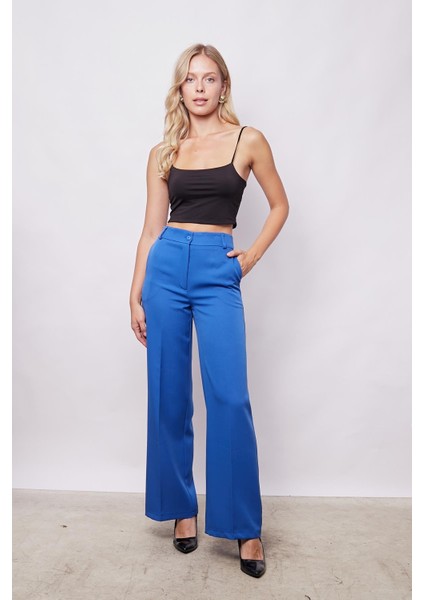 Yüksek Bel Yan Cepli Bol Paça Hafif Esnek Dokuma Kumaş Palazzo Pantolon-Saks modelleri