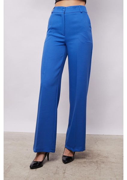 Yüksek Bel Yan Cepli Bol Paça Hafif Esnek Dokuma Kumaş Palazzo Pantolon-Saks fırsatları