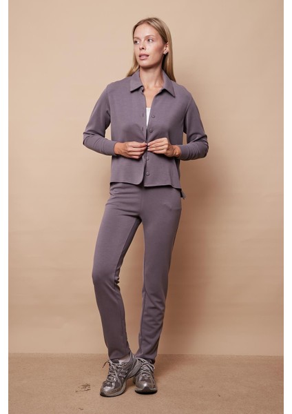 Kadın Modal Yüksek Bel Beli Lastikli Yan Cepli Dar Paça Yürüyüş Pantolonu-Koyu Gri