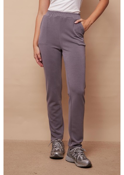 Kadın Modal Yüksek Bel Beli Lastikli Yan Cepli Dar Paça Yürüyüş Pantolonu-Koyu Gri modelleri