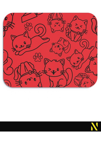 Sevimli Kediler Desenli Kırmızı Renkli Ergonomik Mouse Pad - 23 cm x 19 cm - Kaydırmaz Taban Ev ve Ofis Kullanımı Fare Altlığı Mousepad