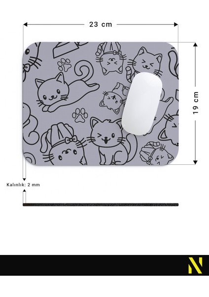 Sevimli Kediler Desenli Gri Renkli Ergonomik Mouse Pad - 23 cm x 19 cm - Kaydırmaz Taban Ev ve Ofis Kullanımı Fare Altlığı Mousepad