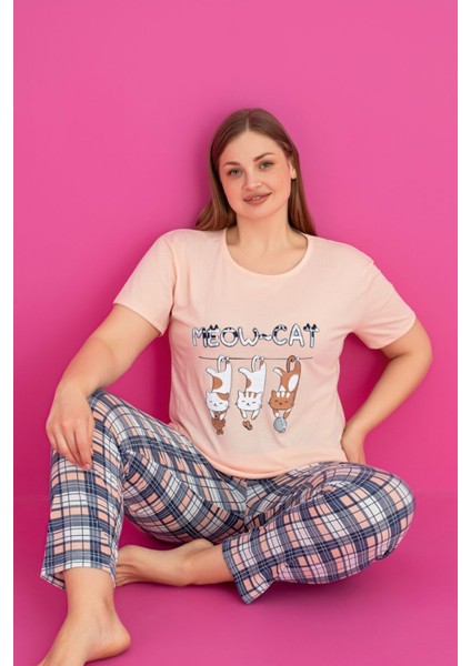 X-Dreamy Büyük Beden Pamuklu Desenli Kısa Kollu Pijama Takımı