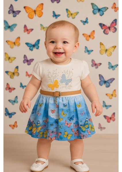 Kelebek Desenli, Taşlı, Kemerli Çocuk Elbise