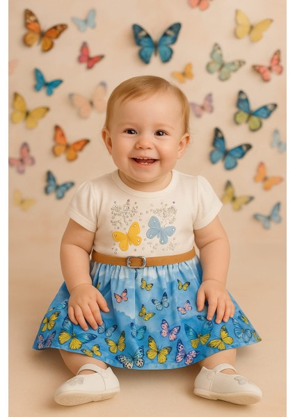 Kelebek Desenli, Taşlı, Kemerli Çocuk Elbise fiyatları