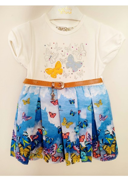 Kelebek Desenli, Taşlı, Kemerli Çocuk Elbise modelleri