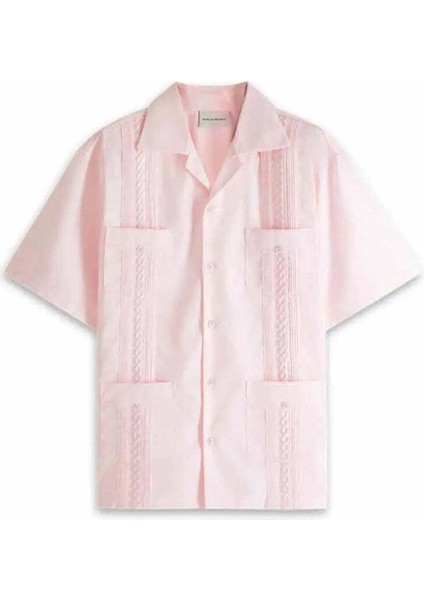 100% Pamuk Açık Pembesi Kısa Kol Küba Gömlek - 4 Cep ve Nakış Detayları