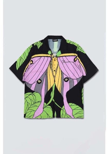 Şık Moth Button Down Gömlek - %100 Rayon ve Özel Dijital Baskı Ile