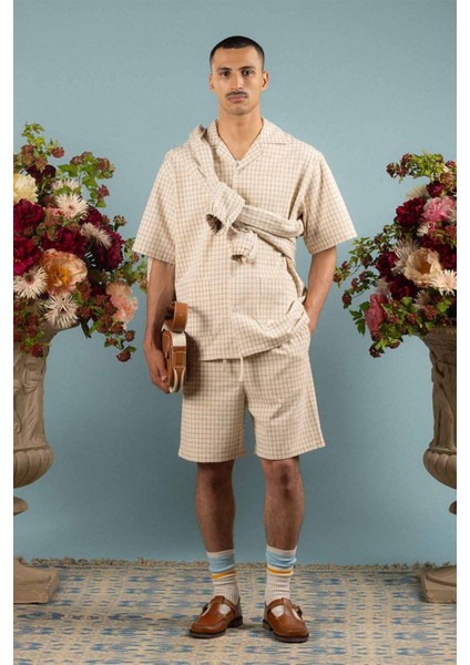 Bej Pamuk Ipek Karışımlı Kısa Kol Kareli Gömlek - Drôle Etiketiyle Şık Tasarım fiyatları