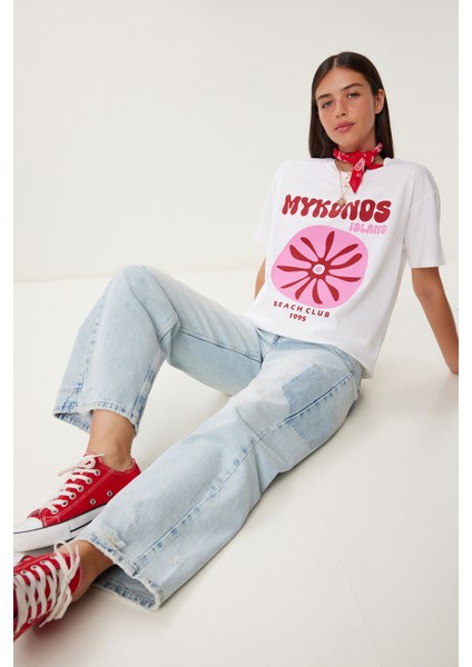Oversize Baskılı Örme T-Shirt